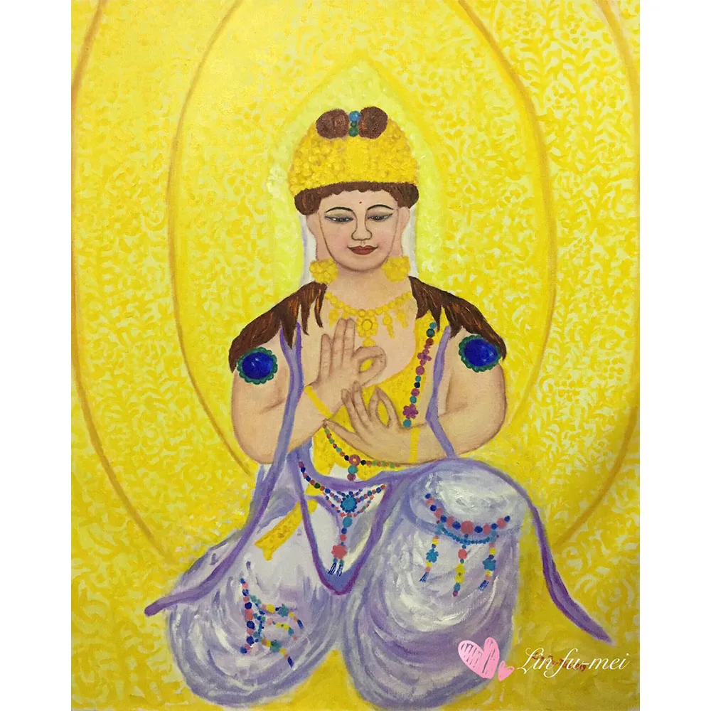 【豐財藝術】Namo Avalokiteshvara 金冠紫衣冠觀世音菩薩能量真跡油畫(佛像油畫藝術收藏首選)