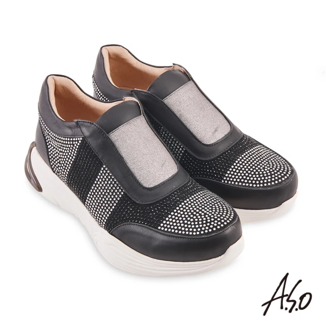 【A.S.O 阿瘦集團】機能休閒 活力雙核心燙鑽金屬感鬆緊帶休閒鞋(黑色)