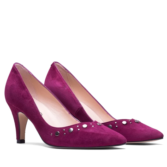 【MISWEAR】女-跟鞋-ELODIE 麂皮鉚釘尖頭高跟鞋-紫色
