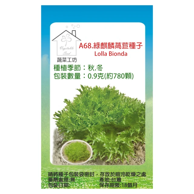 蔬菜工坊 A68.綠麒麟萵苣種子0.9克(約780顆)