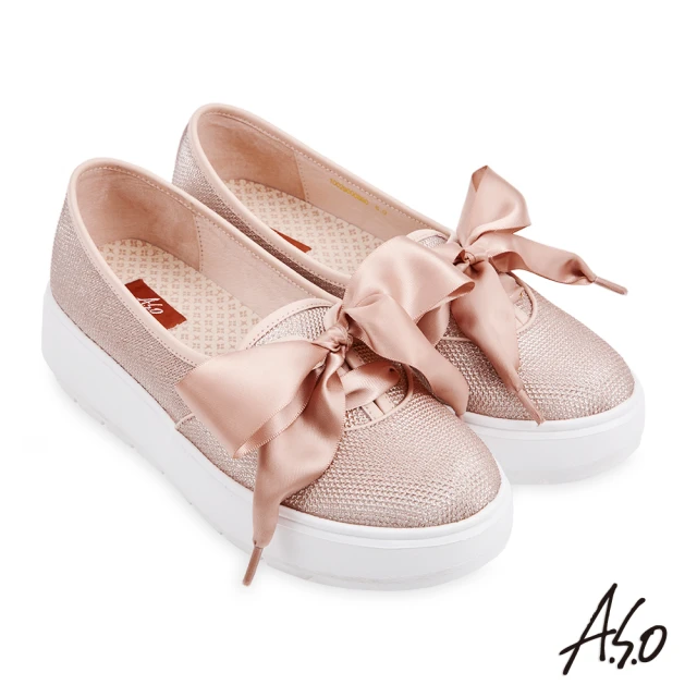 【A.S.O 阿瘦集團】時尚流行 Q彈舒壓質感金蔥布料蝴蝶結休閒鞋(卡其)