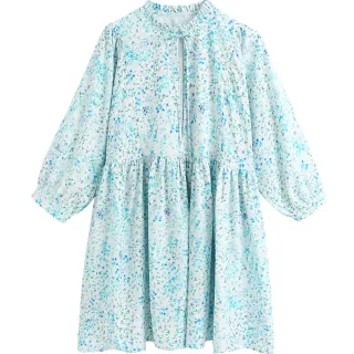 【Aichi 艾齊意】細小綠藍碎花印花壓褶領短洋裝(XS-L)