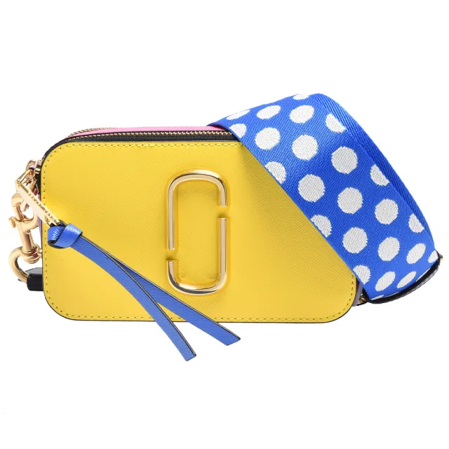 【MARC JACOBS】Snapshot金屬LOGO防刮牛皮條紋織帶手拿/斜背包(小-黃M0012007-794)
