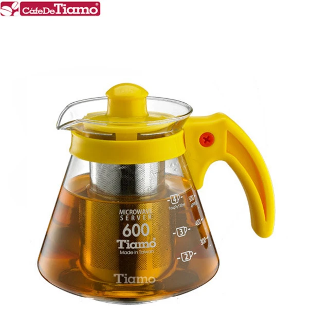 【Tiamo】兩用耐熱玻璃壺-附不鏽鋼濾網 600cc-黃色(HG2216Y)