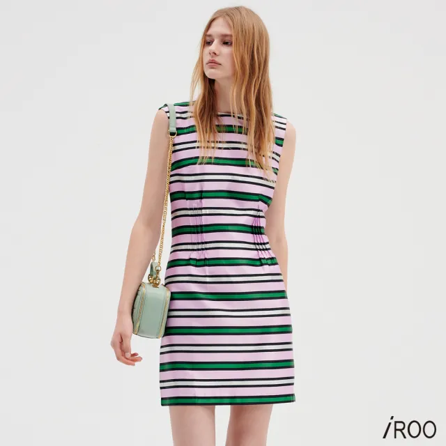 【iROO】無袖印花條紋短洋裝