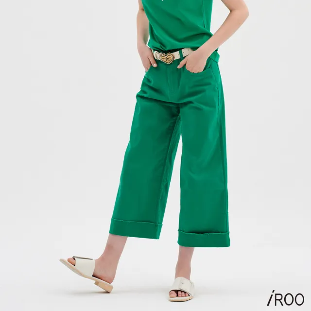 【iROO】綠色反折九分寬褲