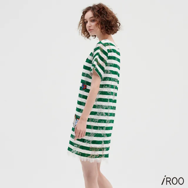 【iROO】綠色條紋刺繡蕾絲洋裝