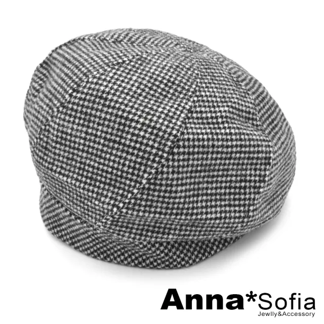 【AnnaSofia】保暖畫家帽貝蕾帽-毛料小千鳥格 現貨(黑白系)