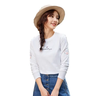 【MsMore】優雅紅鶴印花愛心刺繡長袖T恤#105970(白色)
