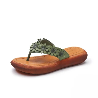 【Vecchio】真皮頭層牛皮可愛小花朵厚底人字拖鞋(綠)