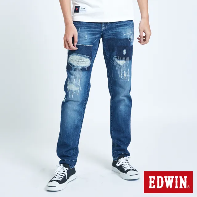 【EDWIN】男裝 BLUE TRIP拼貼破壞AB牛仔褲(中古藍)