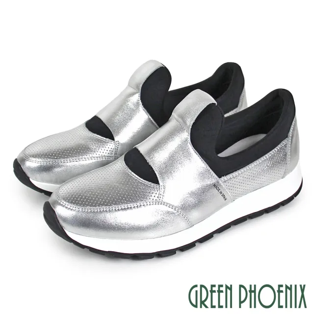 【GREEN PHOENIX 波兒德】女款國際精品俐落剪裁異材質拼接西班牙原裝精品休閒鞋(白色、銀色)
