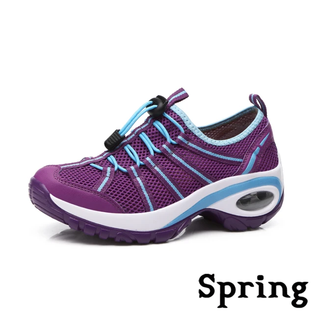 【SPRING】撞色線條彈力拉繩透氣網布機能戶外氣墊徒步健走鞋(紫)