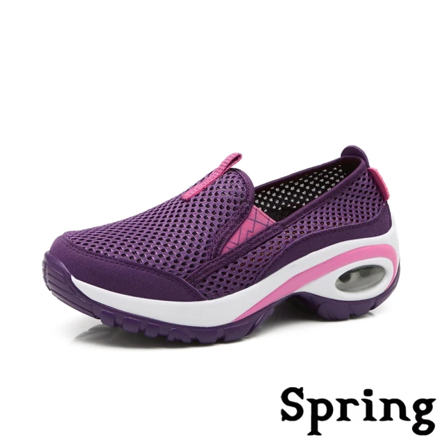 【SPRING】高彈力縷空網布排汗透氣氣墊戶外健走鞋(紫)
