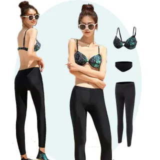 【泳衣果】泳衣卡茲花鋼圈比基尼長褲有加大三件式M-3L泳裝