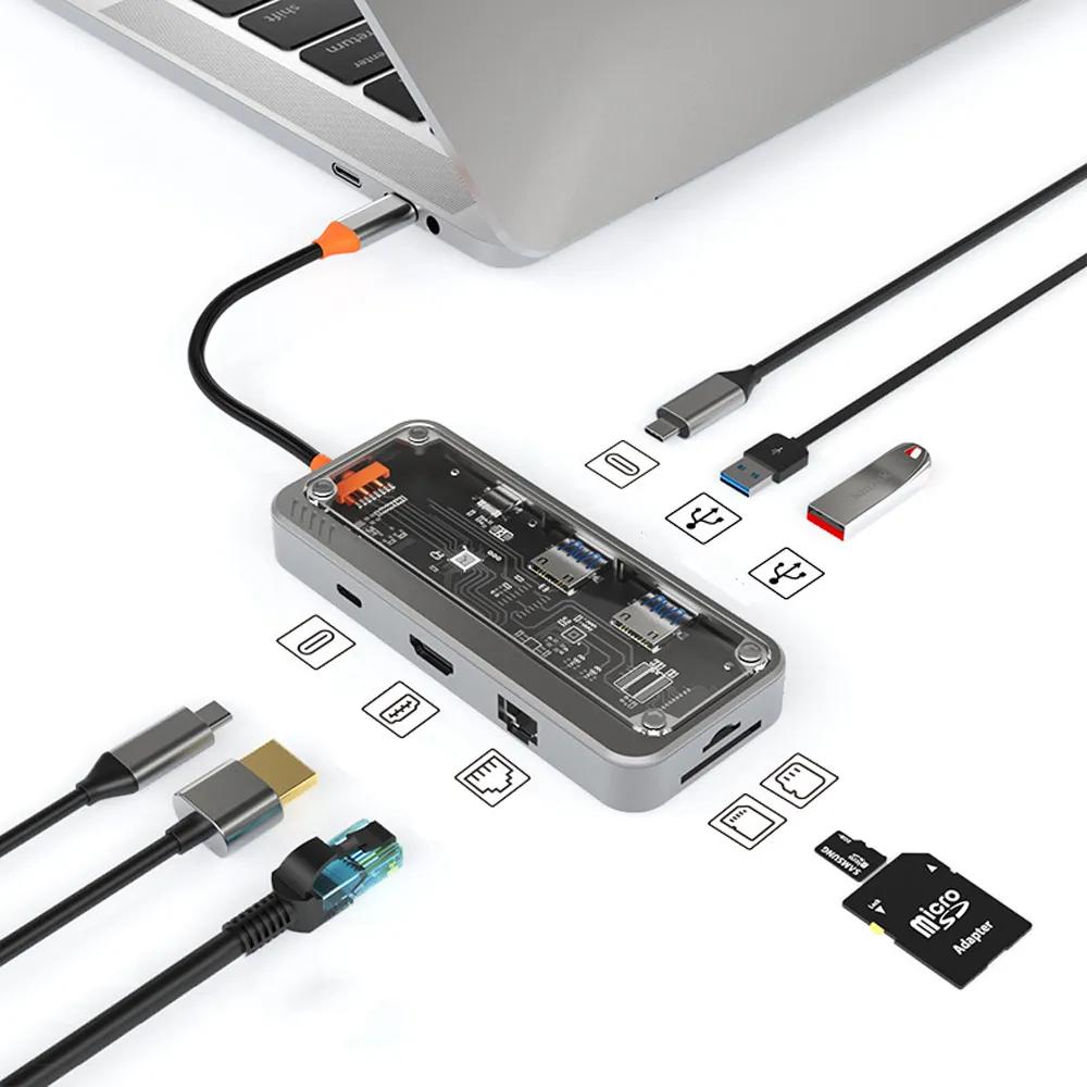 【ANTIAN】Type-C 八合一多功能HUB筆電轉接器 RJ45網口集線器(HDMI/USB3.0 擴展塢/100W PD快充/SD)