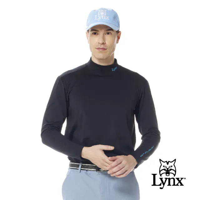 【Lynx Golf】男款合身版吸汗速乾刷毛內搭式領口兩袖Lynx繡花長袖高領上衣(二色)