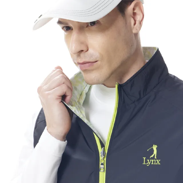 【Lynx Golf】男款薄鋪棉防風保暖精美繡花雙面穿Lynx Golf線條印花無袖背心(二色)