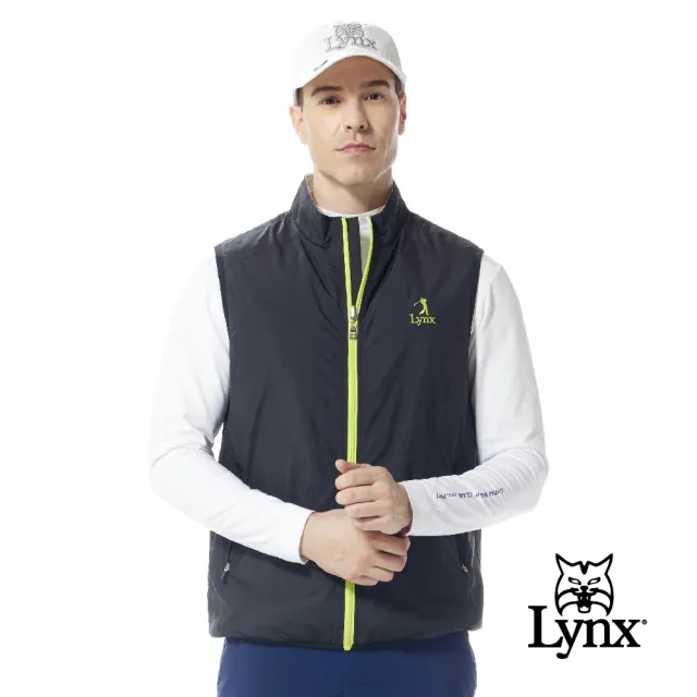 【Lynx Golf】男款薄鋪棉防風保暖精美繡花雙面穿Lynx Golf線條印花無袖背心(二色)