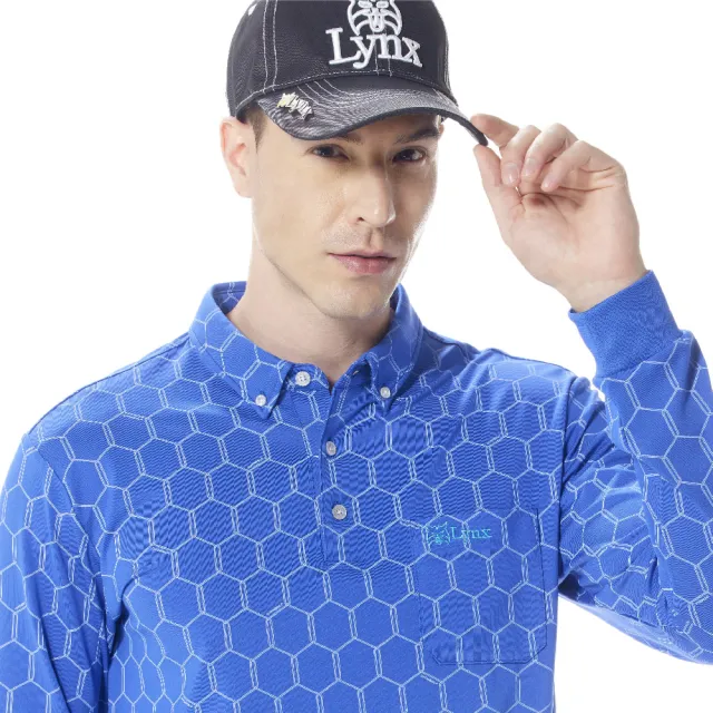 【Lynx Golf】男款吸濕排汗滿版六角蜂巢圖樣胸袋山貓繡花款長袖POLO衫/高爾夫球衫(藍色)