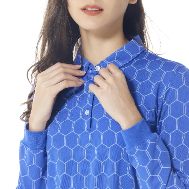 【Lynx Golf】女款吸濕排汗滿版六角蜂巢圖樣領尖扣款式長袖POLO衫(藍色)