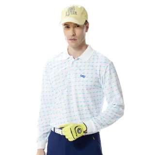 【Lynx Golf】男款吸濕排汗方型排列組合印花羅紋領造型長袖POLO衫/高爾夫球衫(白色)