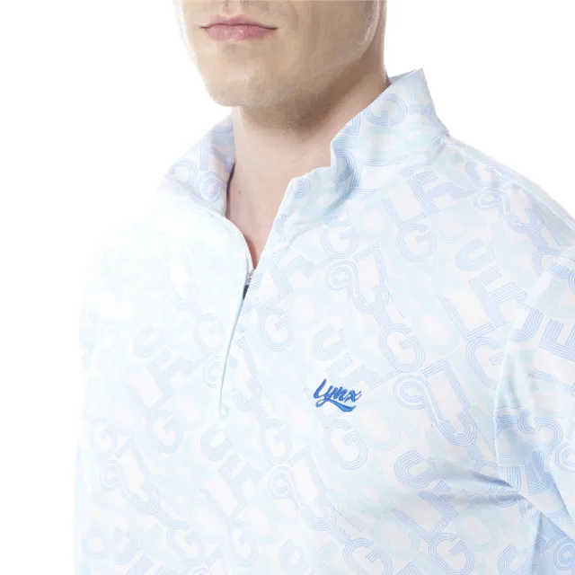 【Lynx Golf】男款吸濕排汗滿版LYNX字樣線條組合印花長袖立領POLO衫/高爾夫球衫(水藍色)