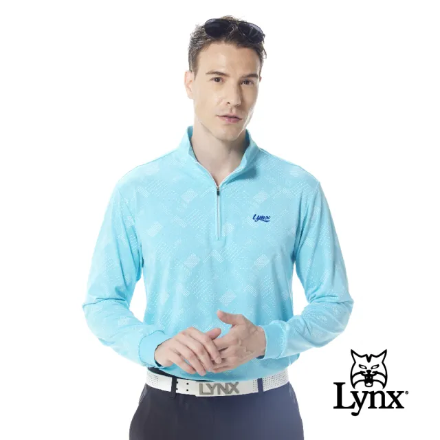 【Lynx Golf】男款吸濕排汗滿版形狀線條組合印花長袖立領POLO衫/高爾夫球衫(藍綠色)
