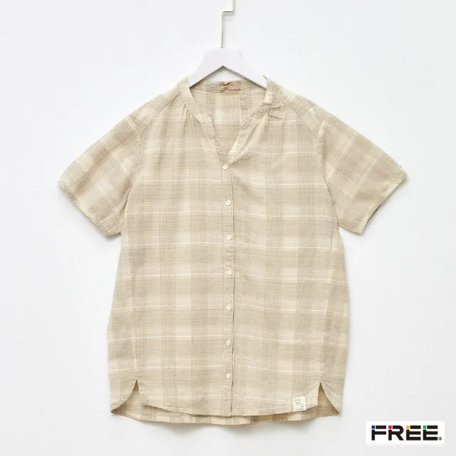 【FREE】進口有機棉輕格小V領短袖襯衫(綠色/咖啡)