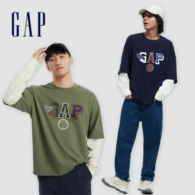 【GAP】男裝 Logo純棉印花假兩件圓領長袖T恤-多色可選(773173)