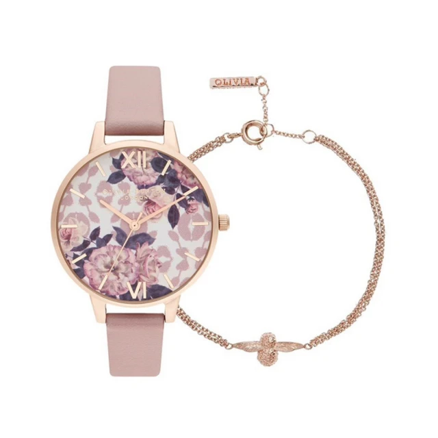 Olivia Burton Olivia Burton 花卉國度風格時尚優質皮革腕錶34mm-莫蘭迪粉-OBGSET41