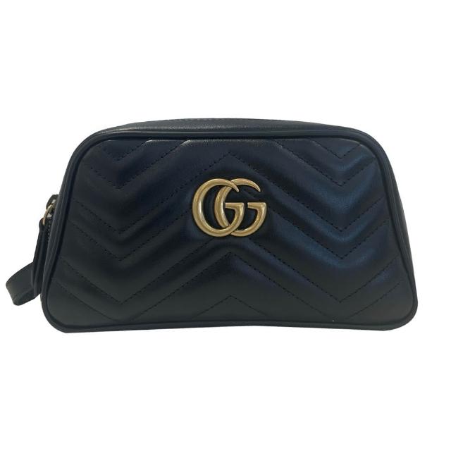 【GUCCI 古馳】Marmont縫線牛皮金屬GG手提包(黑色)