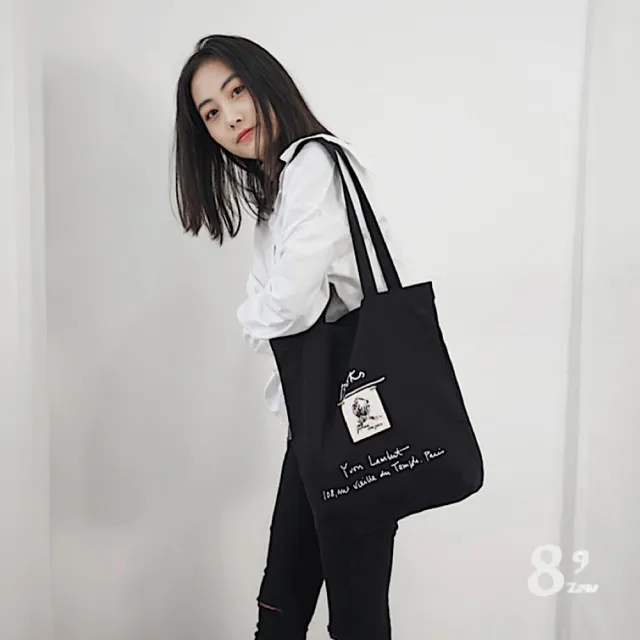 【89 zone】日系金屬別針+刺繡女孩學院風帆布包(白/黑)