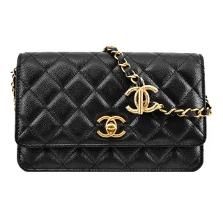 【CHANEL 香奈兒】新款經典菱格紋小牛皮雙C LOGO穿鏈WOC手拿/斜背包(黑色)