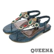 【QUEENA】璀璨美鑽寶石蛇紋皮革T字造型時尚低跟涼鞋(綠)
