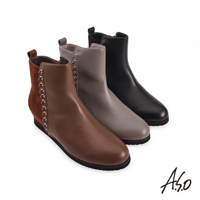 【A.S.O 阿瘦集團】時尚流行 牛皮拼接羊絨飾釦真皮短靴(咖啡)