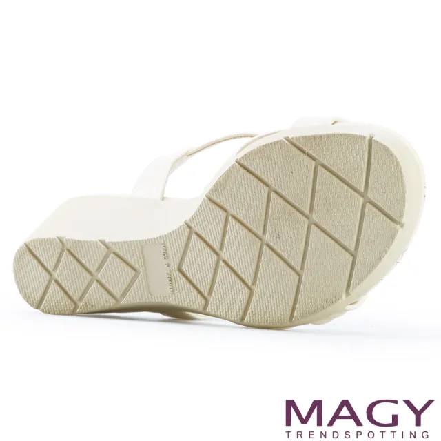 【MAGY】白鑽T字牛皮踝帶楔型 女 涼鞋(米色)