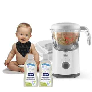 【Chicco 官方直營】多功能食物調理機+奶瓶食器清潔劑300ml*2+寶寶純棉口水巾