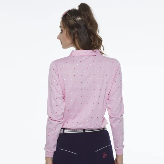 【Lynx Golf】女款純棉雙絲光羅紋袖口小方格印花長袖POLO衫/高爾夫球衫(粉色)