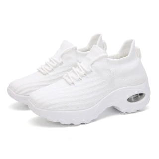 【SPRING】立體鼓波條紋飛織時尚休閒氣墊運動鞋(白)