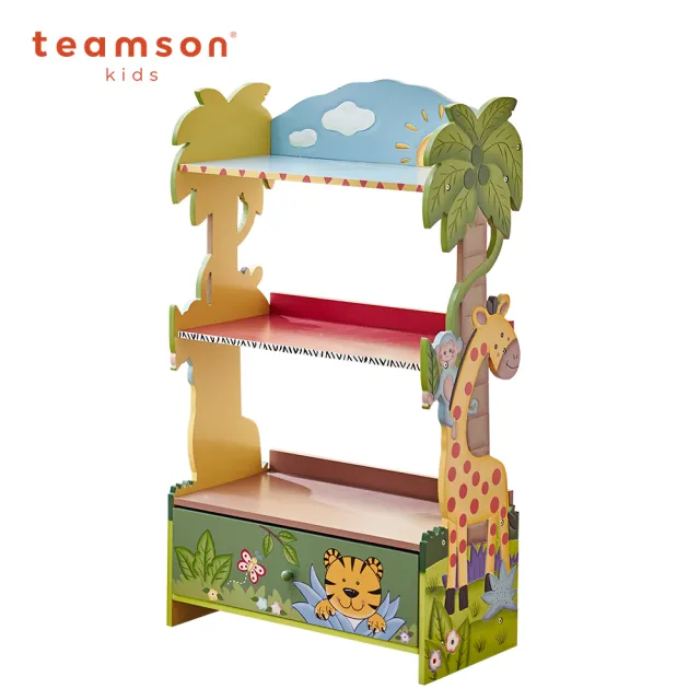 【Teamson】叢林探險實木兒童彩繪收納書架