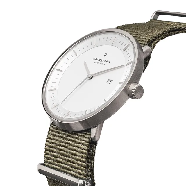 【Nordgreen】哲學家 40mm 月光銀殼×白面 米蘭錶帶+綠尼龍錶帶+極夜黑皮錶帶 組合裝(PH40SIMESINAGLBL)