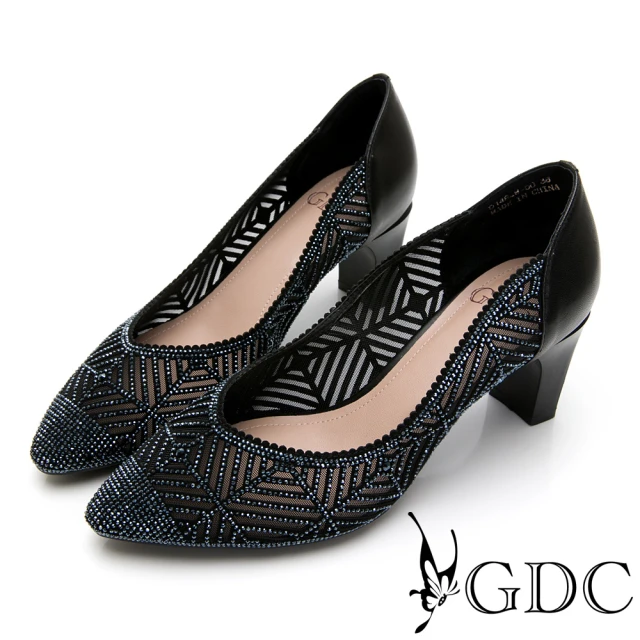 【GDC】真皮細緻水鑽簍空宴會尖頭跟鞋-黑色(014829)