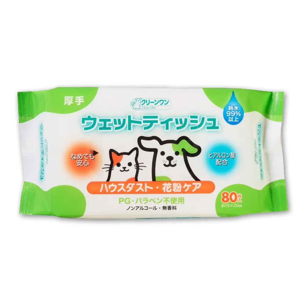 【Clean one】保濕型寵物除菌濕巾80張-6入量販組(小動物犬貓通用/眼耳口可擦/添加玻尿酸/日本製)