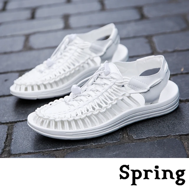 【SPRING】時尚縷空復古彈力繩編織造型休閒涼鞋(白)