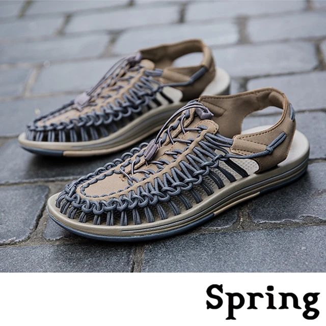 【SPRING】時尚縷空復古彈力繩編織造型休閒涼鞋(灰)
