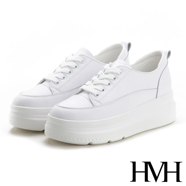 【HMH】真皮舒適超輕量厚底時尚休閒純色內增高美腿小白鞋(白)