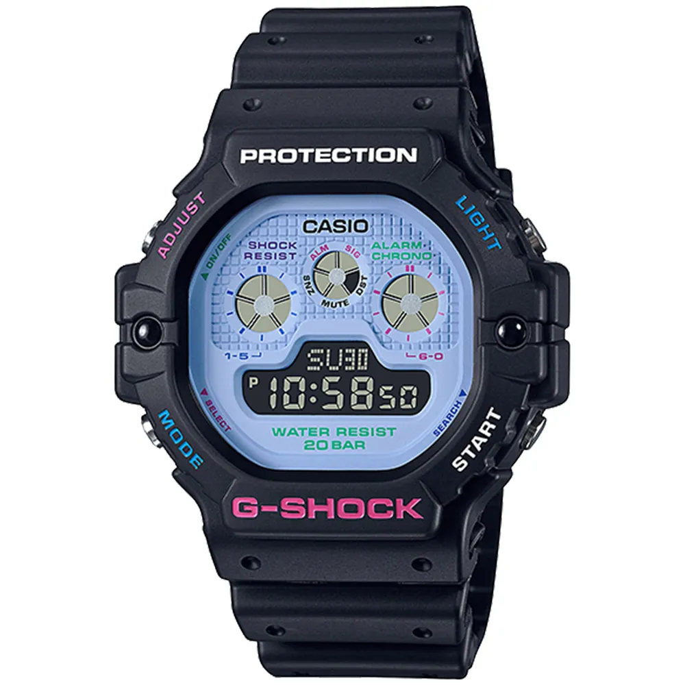 【CASIO 卡西歐】G-SHOCK 繽紛霓虹撞色腕錶(DW-5900DN-1)