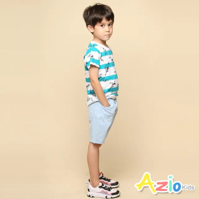 【Azio Kids 美國派】男童  短褲 小汽車刺繡純色彈性休閒短褲(淺藍)