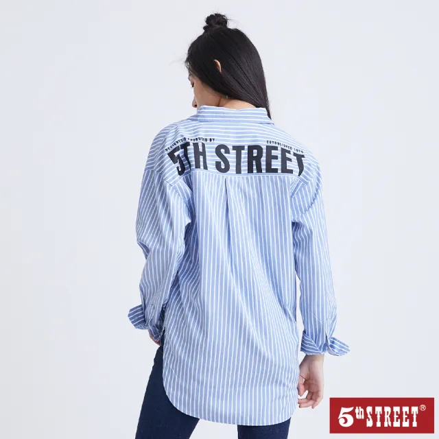 【5th STREET】女寬版大字長袖襯衫-水藍